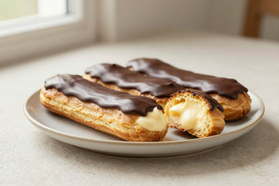 A row of classic chocolate éclairs on a plate, glossy topping, one cut to show the creamy filling