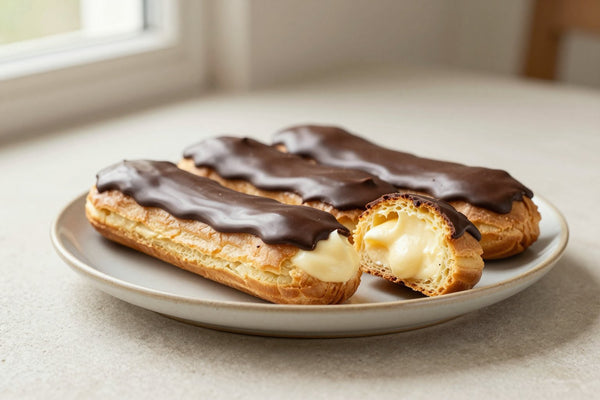 A row of classic chocolate éclairs on a plate, glossy topping, one cut to show the creamy filling