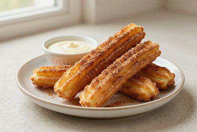 Classic cinnamon sugar churros piled on a plate, coated in cinnamon sugar, with a small bowl of dipping sauce