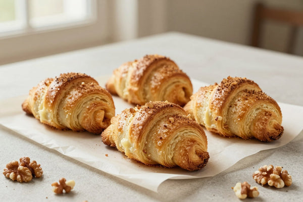 Crescent-shaped classic cinnamon walnut rugelach on parchment, the filling spiraled inside