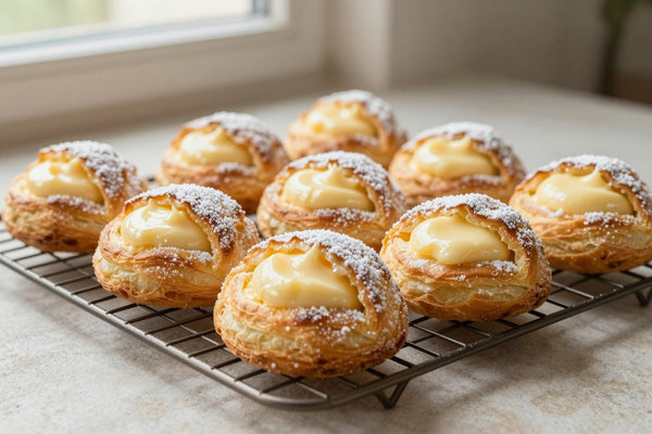 Classic cream cheese danish on a wire rack, the glossy filling visible in the center of each pastry