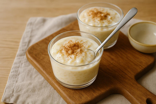 Classic Creamy Rice Pudding served on an oak table