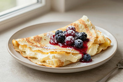 Folded classic dessert crêpes on a plate, the filling and toppings from the recipe clearly visible