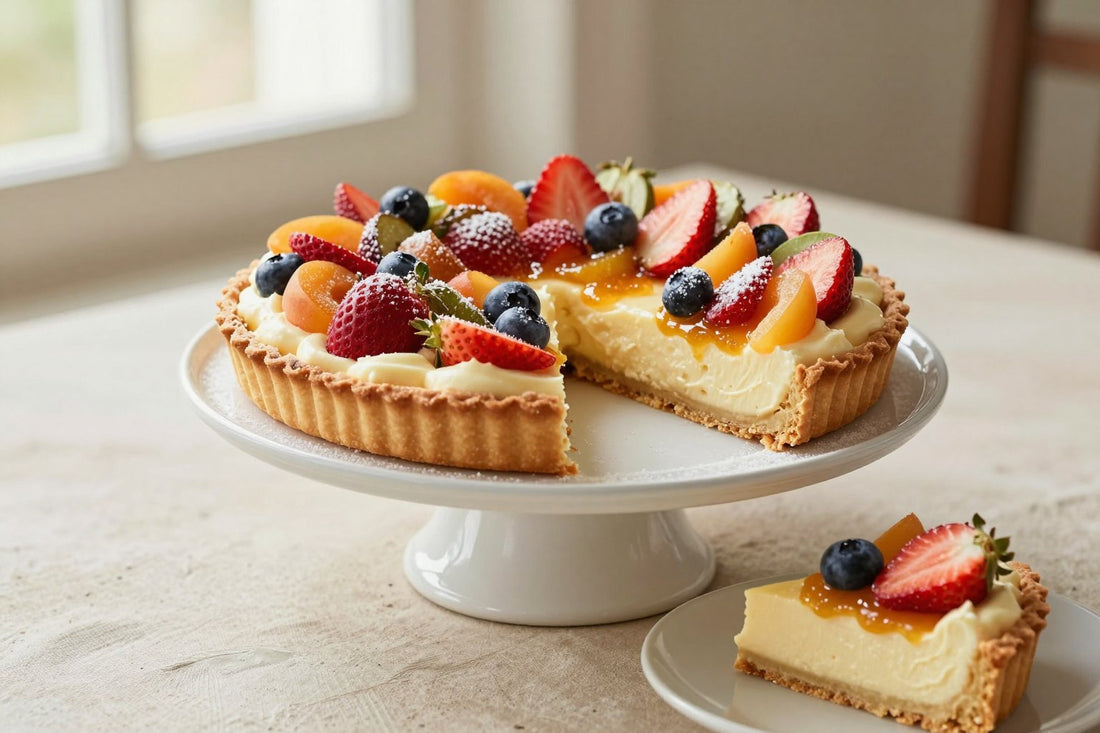 A classic french fruit tart on a cake stand with one slice cut out and served on a small plate
