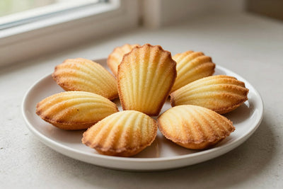 Shell-shaped classic french madeleines on a plate, showing their golden humps and ridged sides