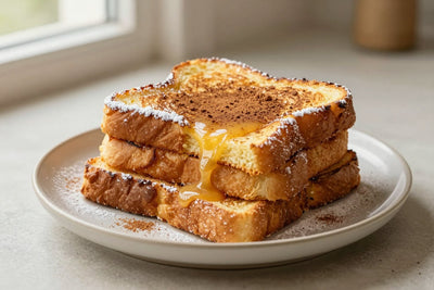 A stack of thick golden slices of classic french toast on a plate, dusted with powdered sugar