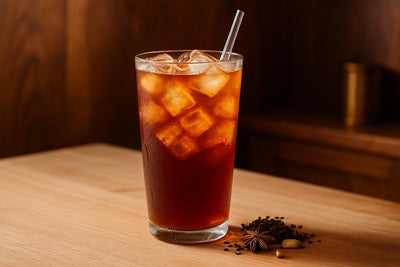 Classic Iced Black Tea in a glass on an oak kitchen island