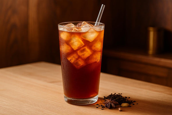 Classic Iced Black Tea in a glass on an oak kitchen island