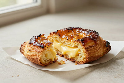 Caramelized, crackly classic kouign-amann on parchment, one torn open to show the buttery layers