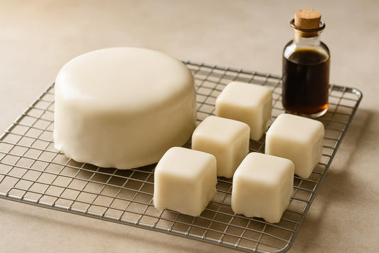 Cake coated in glossy classic poured fondant icing