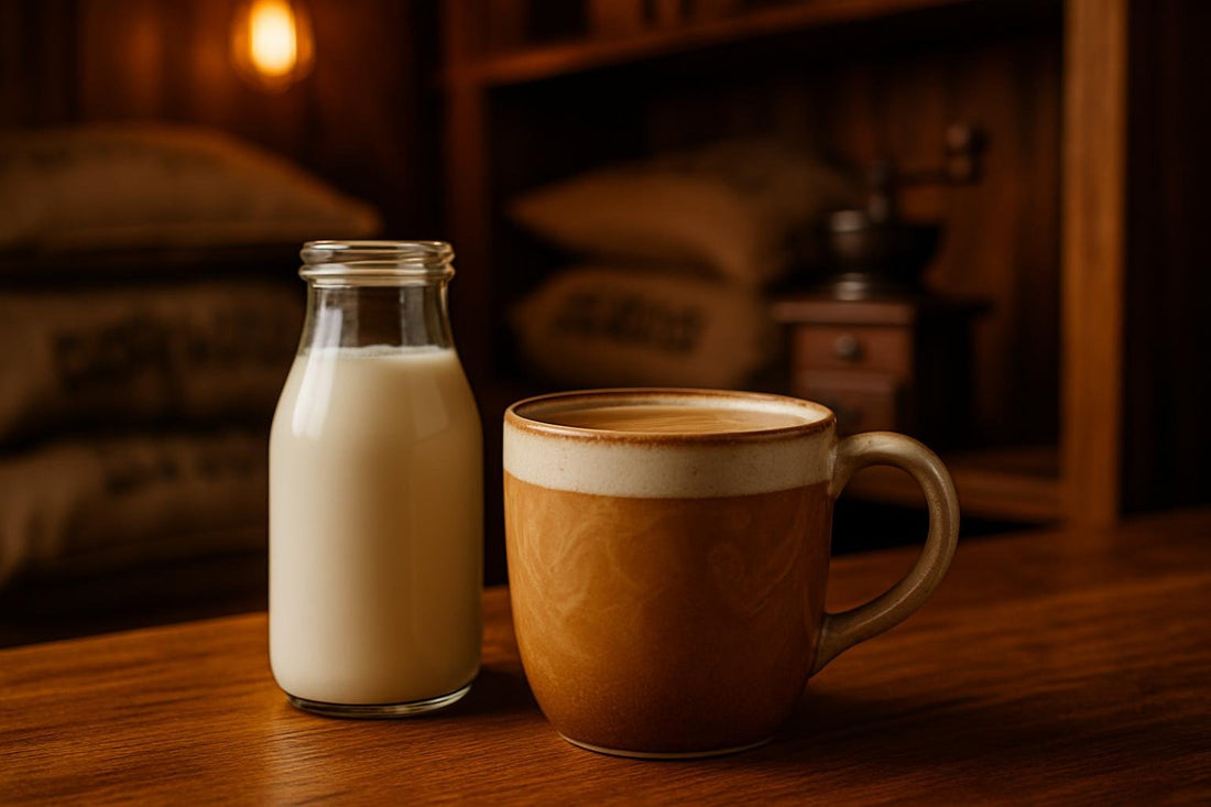 Classic Sweet Cream Creamer in a ceramic mug on an oak bar