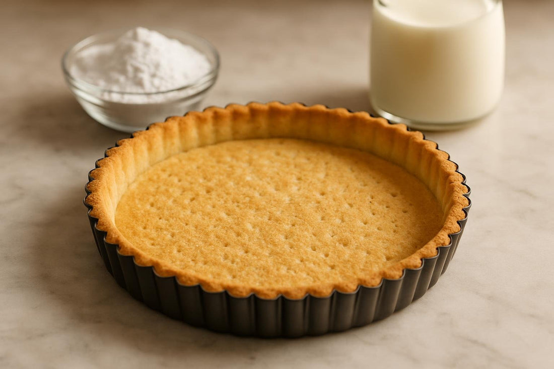 A baked, empty classic tart shell (pate sucree) in a fluted tart pan on a marble counter, golden and crisp
