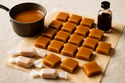 Classic Vanilla Caramels cut and wrapped in wax paper