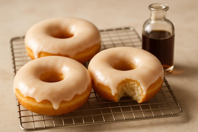 Doughnuts finished with classic vanilla glaze on a cooling rack