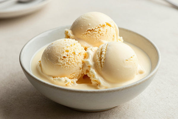 Two generous scoops of classic vanilla ice cream in a shallow ceramic bowl, softly melting at the edges