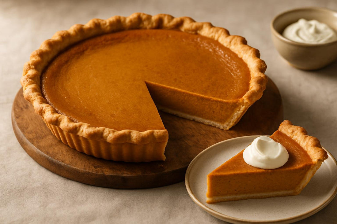 A whole classic vanilla pumpkin pie on a rustic wooden board with one slice cut out and served on a small plate with a dollop