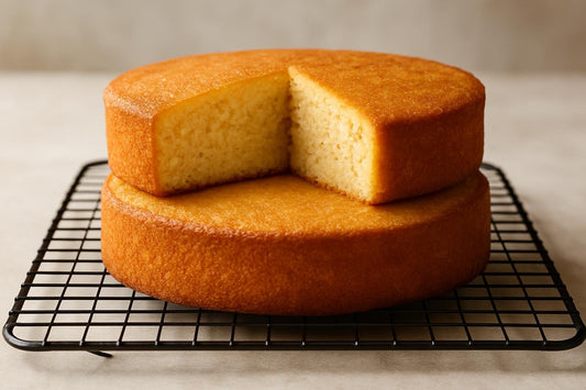 Two bare, level rounds of classic yellow cake layers stacked on a cooling rack with one slice cut to show the crumb