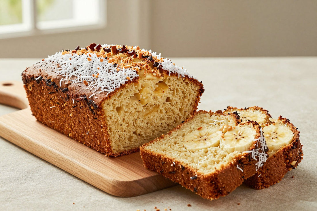 A loaf of coconut bread on a wooden board, two thick slices cut to show the moist crumb