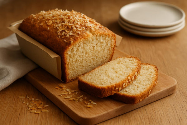Coconut Bread loaf with sliced pieces on an oak board