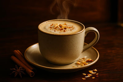 Coconut Chai in a ceramic mug on an oak bar