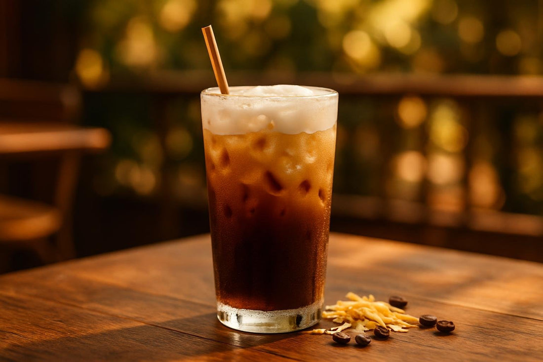 Coconut Cold Brew in a glass on an oak patio table
