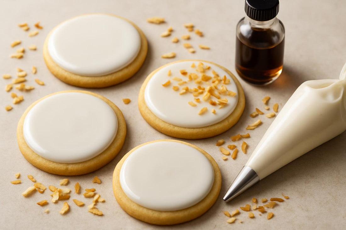 Sugar cookies decorated with coconut cookie icing