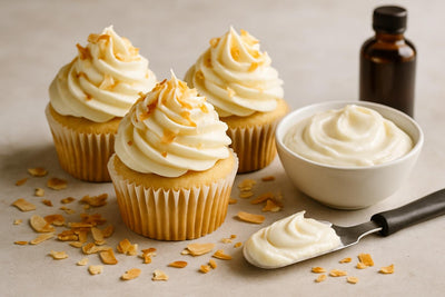 Cupcakes piped with coconut cream cheese frosting