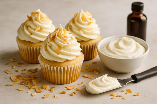 Cupcakes piped with coconut cream cheese frosting