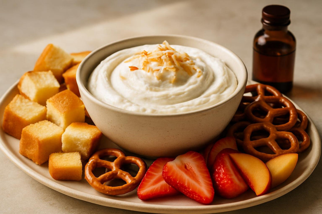 Bowl of coconut cream dip with brioche, pretzels and fruit