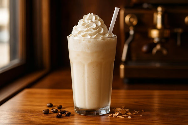 Coconut Cream Frappé in a glass on an oak café counter