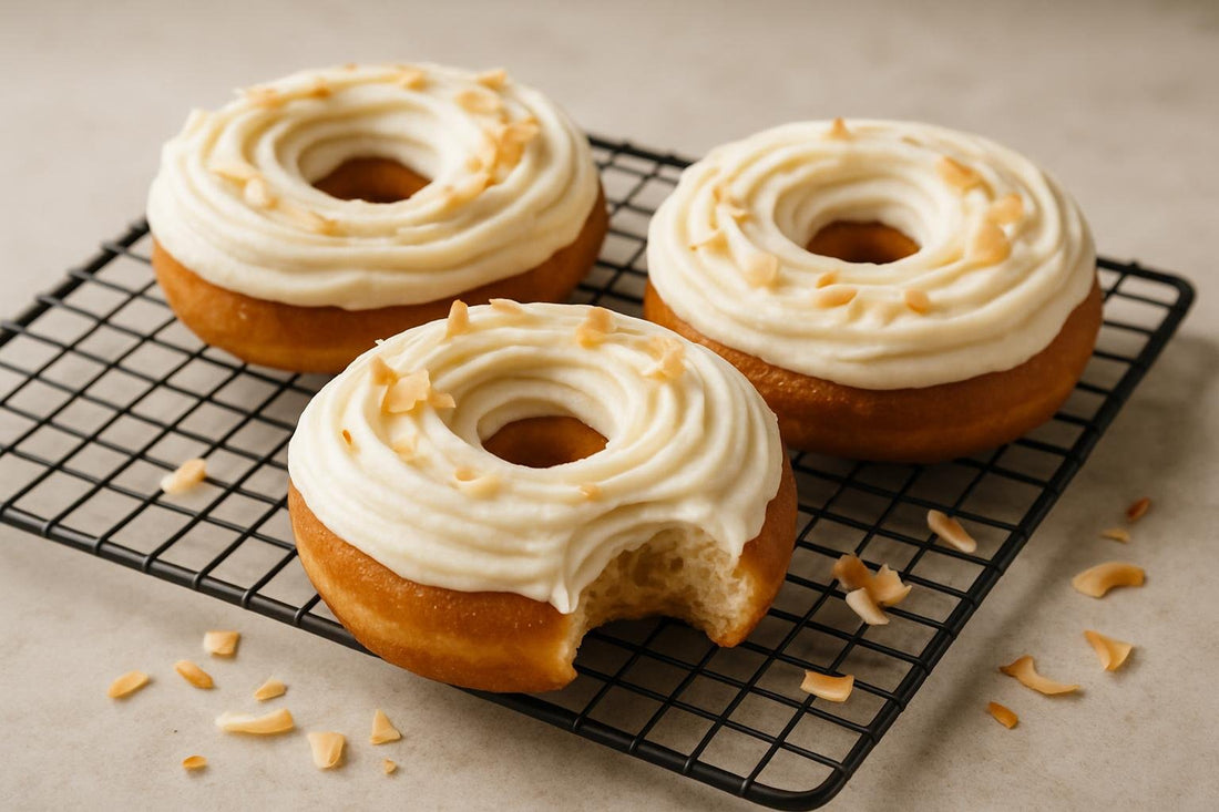 Doughnuts finished with coconut cream frosting on a cooling rack