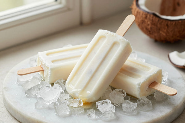 Three coconut cream popsicles on a bed of crushed ice on a light marble surface, one with a bite taken out