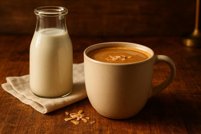 Coconut Creamer in a ceramic mug on an oak table