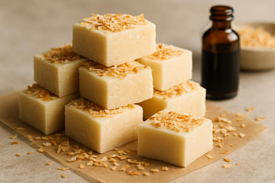 Squares of coconut fudge on parchment