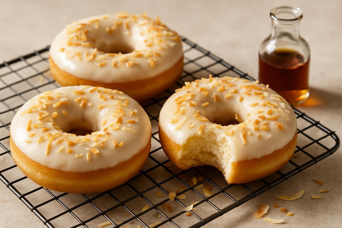 Doughnuts finished with coconut glaze on a cooling rack