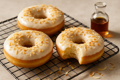 Doughnuts finished with coconut glaze on a cooling rack