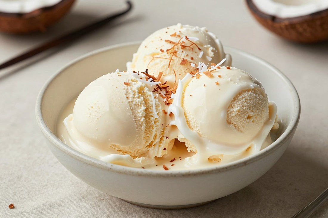 Two generous scoops of coconut ice cream in a shallow ceramic bowl, softly melting at the edges