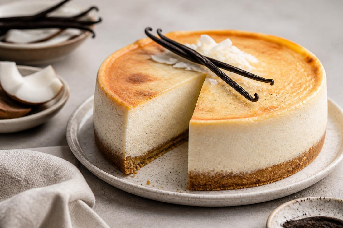 Coconut vanilla cheesecake made with Indonesian vanilla
