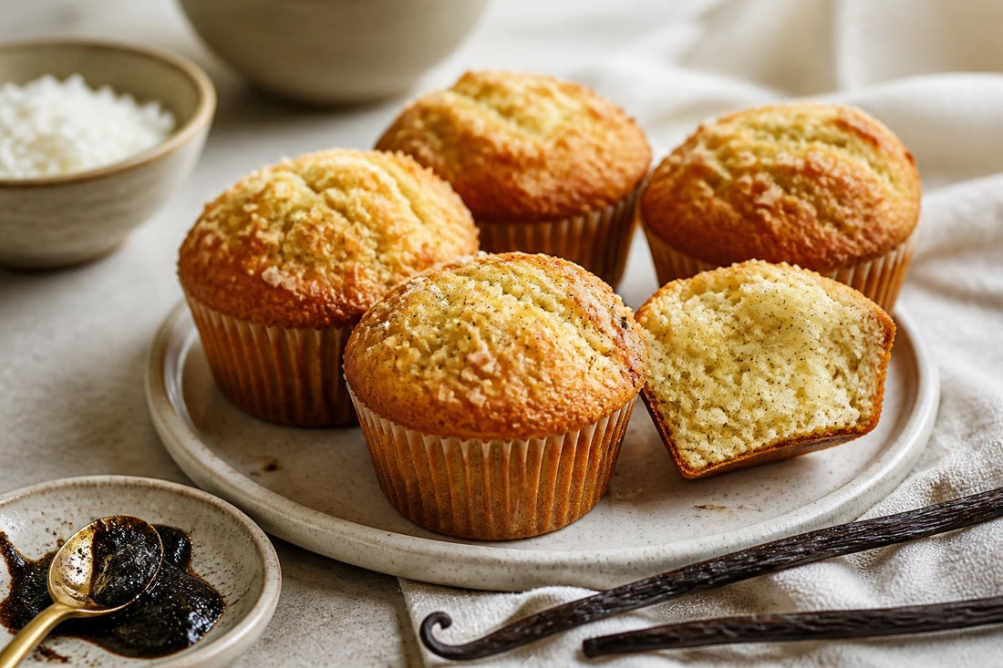 Coconut vanilla muffins made with Indonesian vanilla