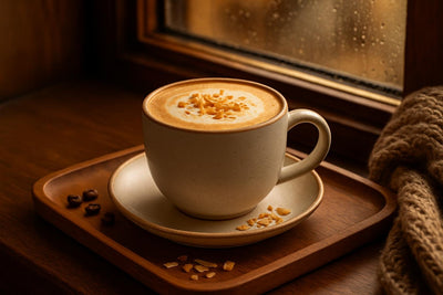 Coconut Latte in a ceramic mug on an oak tray by a window