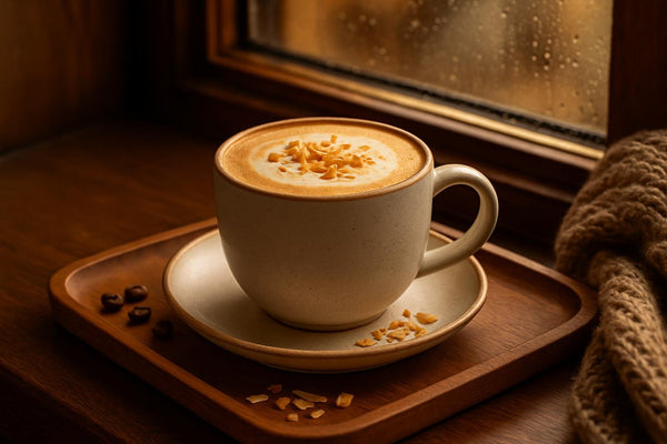 Coconut Latte in a ceramic mug on an oak tray by a window