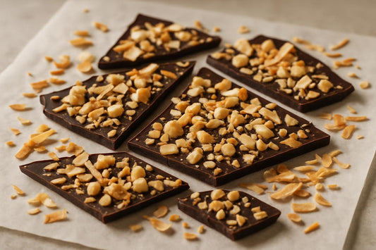 Shards of coconut macadamia bark on parchment