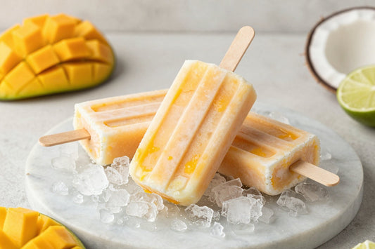 Three coconut mango popsicles on a bed of crushed ice on a light marble surface, one with a bite taken out