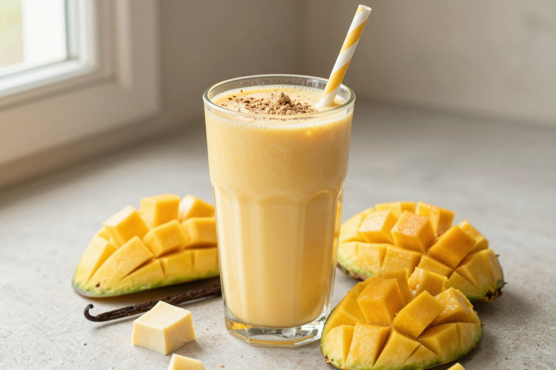 A tall glass of thick, creamy coconut mango protein shake with a straw, a few of its fresh ingredients beside it