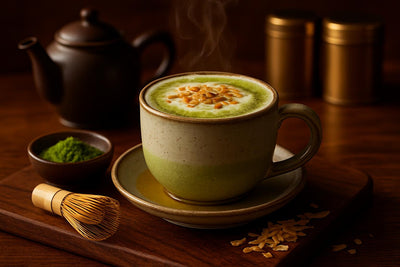 Coconut Matcha Latte in a ceramic mug on an oak serving board