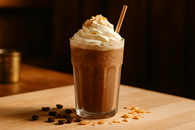 Coconut Mocha Frappé in a glass on an oak kitchen island