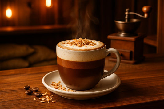 Coconut Mocha in a ceramic mug on an oak bar