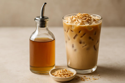 A small glass bottle of coconut syrup with a pour spout, beside an iced latte sweetened with it