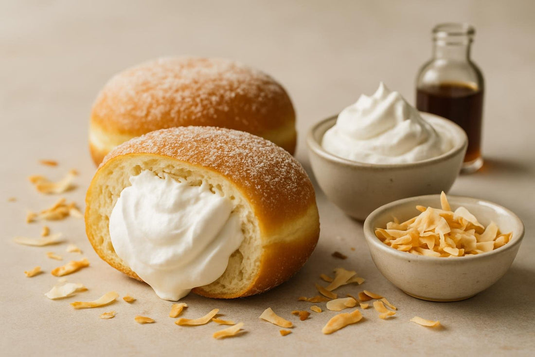 Filled doughnut cut open to show coconut whipped cream