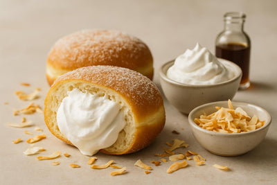 Filled doughnut cut open to show coconut whipped cream